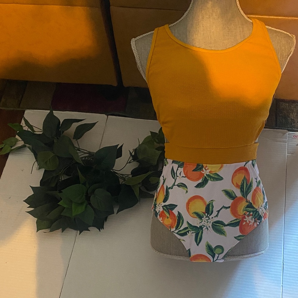 Mustard Yellow One-Piece Swimsuit with Citrus Print - Picture 3 of 4